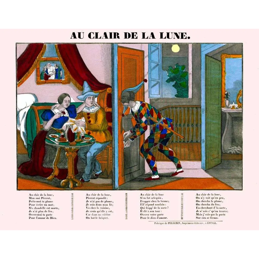 Imagerie d'Épinal Au Clair de la Lune – Pierrot et Arlequin | XIXe siècle Imagerie d'Épinal Au Clair de la Lune – Pierrot et Arlequin | XIXe siècle