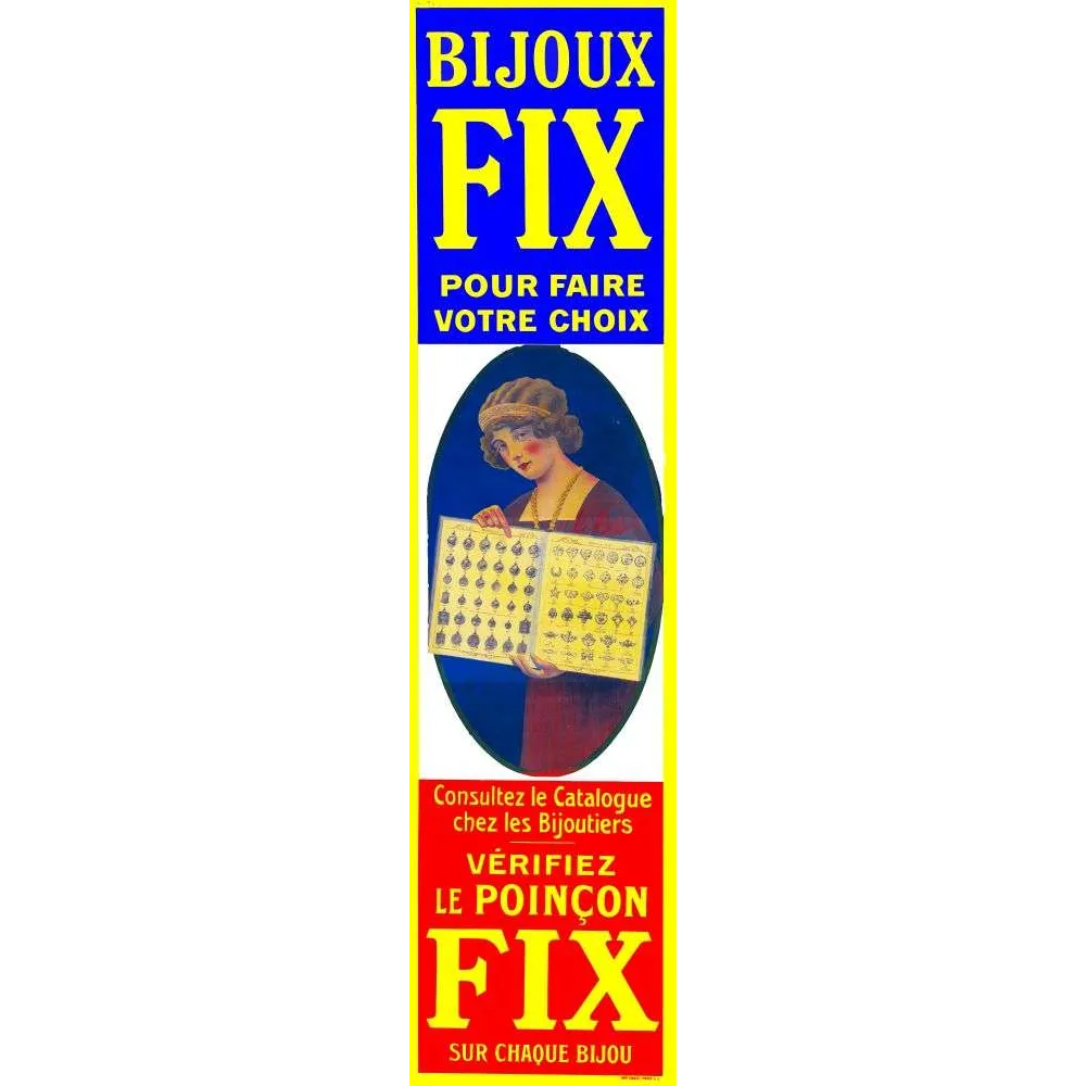 Pub vintage Bijoux Fix – Affiche publicitaire bijouterie | Années 1920 France Pub vintage Bijoux Fix – Affiche publicitaire bijouterie | Années 1920 France
