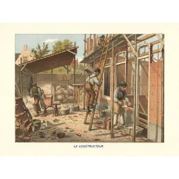 Gravure scolaire Le Constructeur – Chantier maçons | Fin XIXe siècle