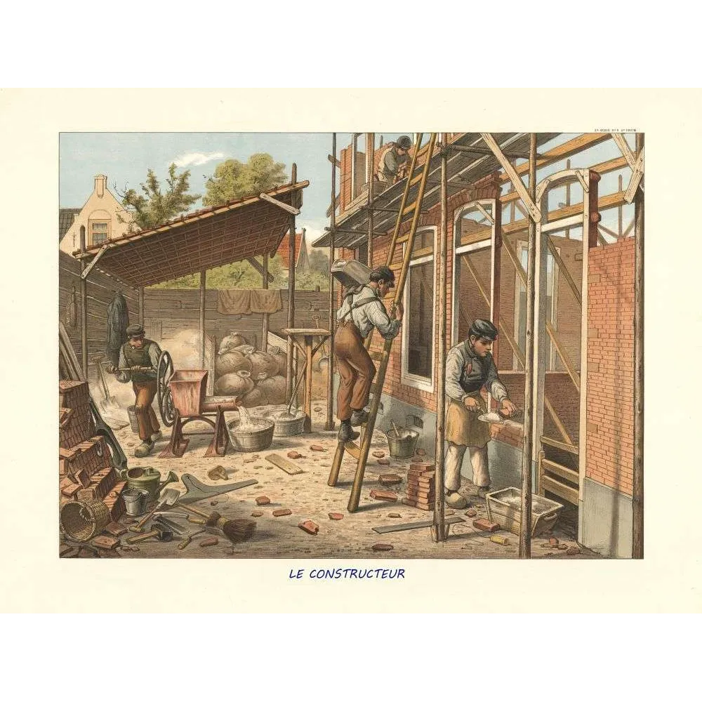 Gravure scolaire Le Constructeur – Chantier maçons | Fin XIXe siècle Gravure scolaire Le Constructeur – Chantier maçons | Fin XIXe siècle