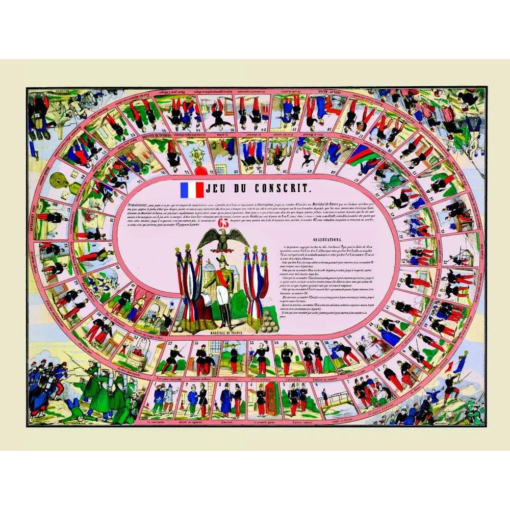Jeu du Conscrit – Jeu de l'oie militaire illustré | XIXe siècle France Jeu du Conscrit – Jeu de l'oie militaire illustré | XIXe siècle France