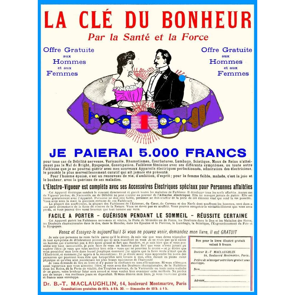 Clé du Bonheur Électro-Vigueur – Document pub vintage électrothérapie Clé du Bonheur Électro-Vigueur – Document pub vintage électrothérapie