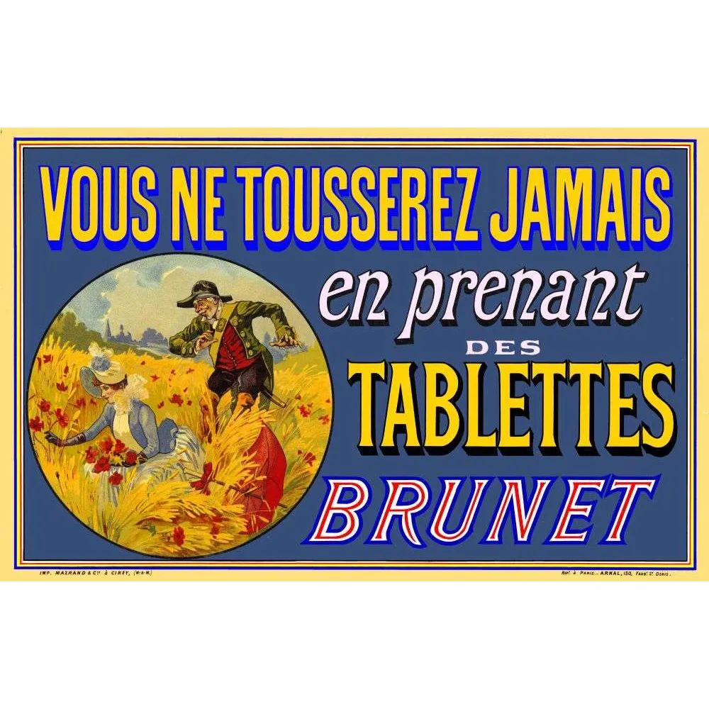 Tablettes Brunet – Affiche pub vintage médicament toux champêtre Tablettes Brunet – Affiche pub vintage médicament toux champêtre