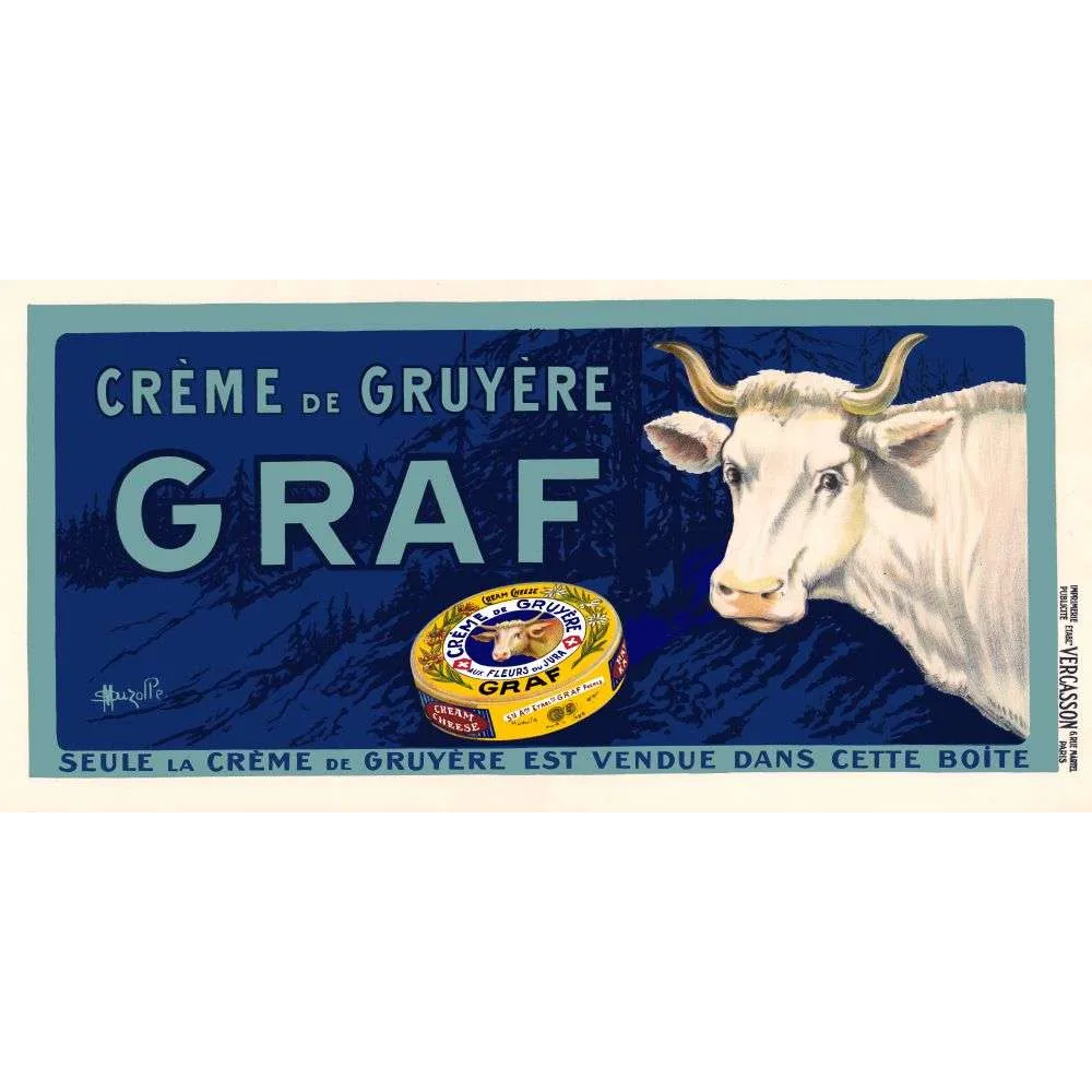 Crème de Gruyère Graf – Affiche pub vintage fromage Suisse vache Crème de Gruyère Graf – Affiche pub vintage fromage Suisse vache