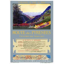 Route des Pyrénées – Affiche tourisme vintage auto-cars Polart 1913