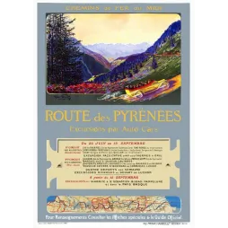 Route des Pyrénées – Affiche tourisme vintage auto-cars Polart 1913