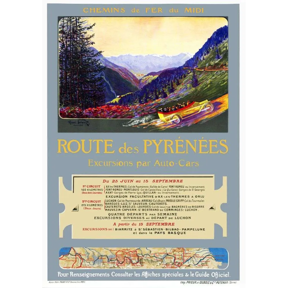 Route des Pyrénées – Affiche tourisme vintage auto-cars Polart 1913 Route des Pyrénées – Affiche tourisme vintage auto-cars Polart 1913