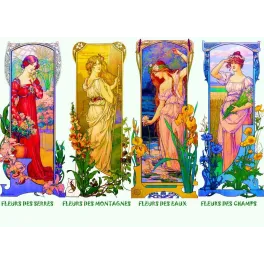 Fleurs Serres Montagnes Eaux Champs – Illustration Art Nouveau quatre panneaux