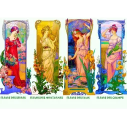 Fleurs Serres Montagnes Eaux Champs – Illustration Art Nouveau quatre panneaux