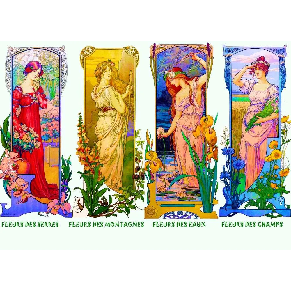 Fleurs Serres Montagnes Eaux Champs – Illustration Art Nouveau quatre panneaux Fleurs Serres Montagnes Eaux Champs – Illustration Art Nouveau quatre panneaux