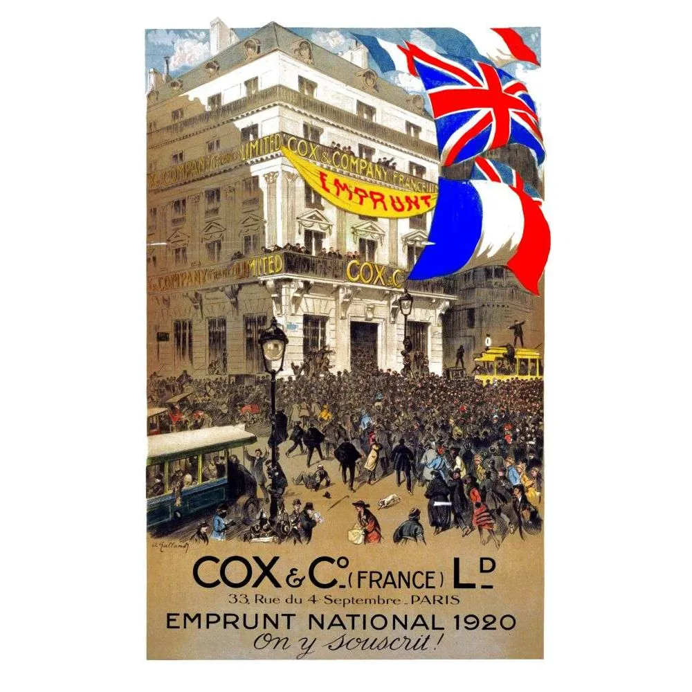 Affiche ancienne Emprunt National 1920 Cox & Co Paris – Propagande financière après-guerre Affiche ancienne Emprunt National 1920 Cox & Co Paris – Propagande financière après-guerre
