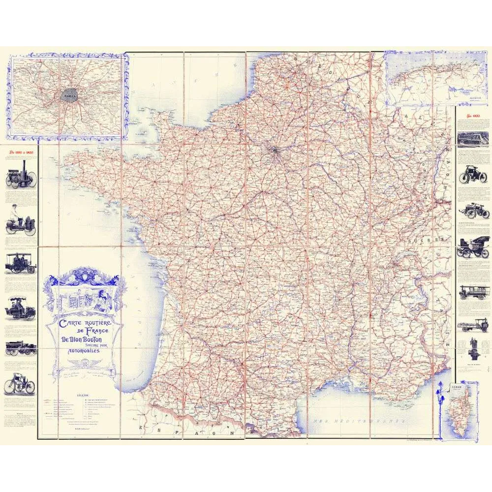 Carte routière ancienne France De Dion Bouton automobiles 1900 – Cartographie vintage auto