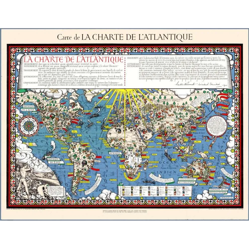 Carte illustrée ancienne Charte de l'Atlantique 1941 – Roosevelt Churchill monde vintage
