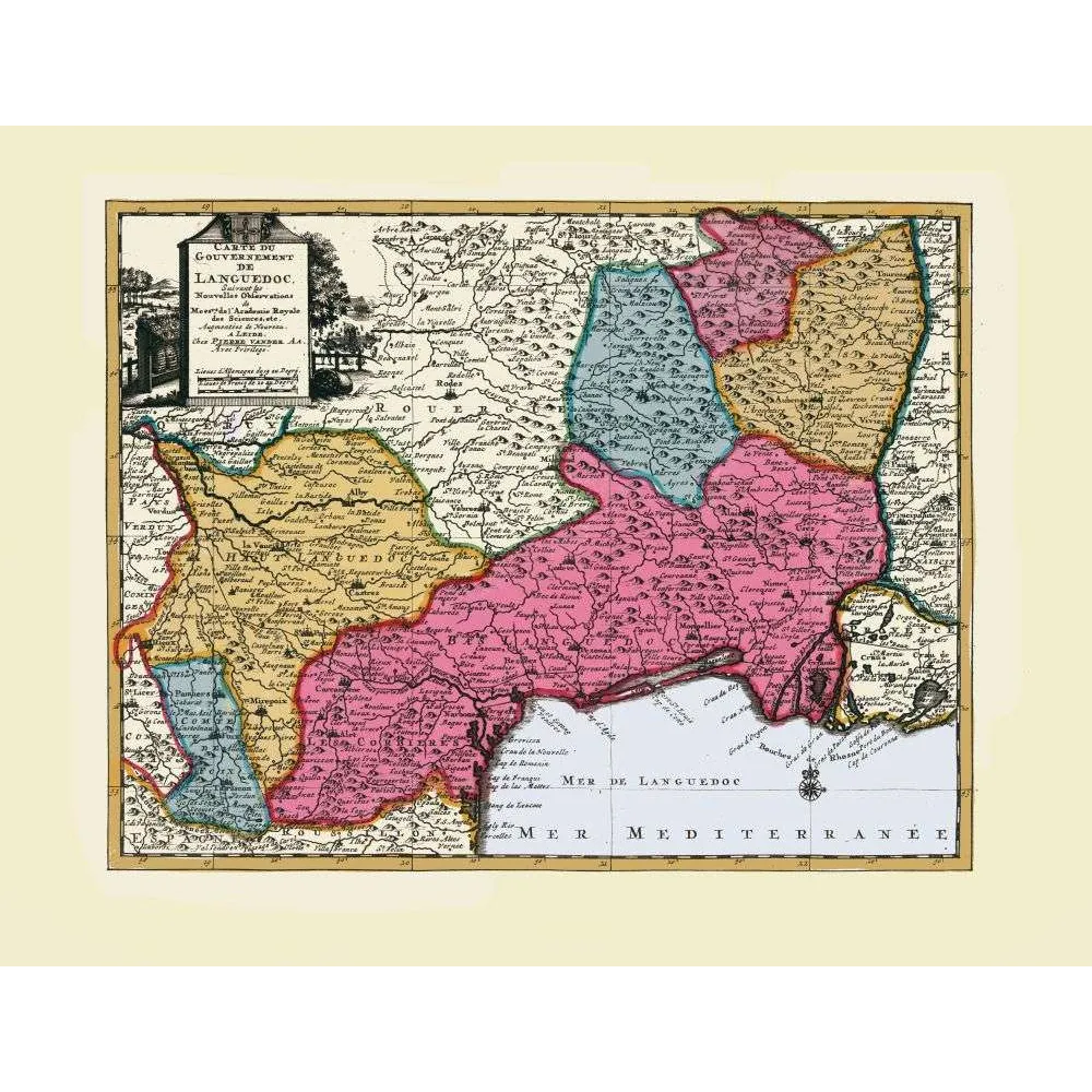 Fac-similé de carte ancienne Languedoc - Pierre Vander à Leyde XVIIIe Fac-similé de carte ancienne Languedoc - Pierre Vander à Leyde XVIIIe