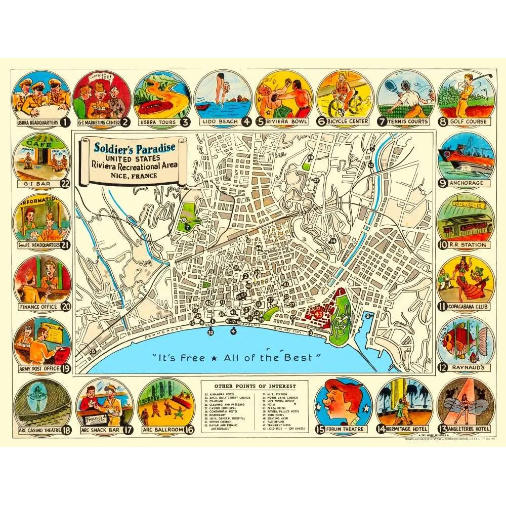 Soldier's Paradise Nice 1945 – Fac-similé de carte ancienne de Zone de loisirs Soldier's Paradise Nice 1945 – Fac-similé de carte ancienne de Zone de loisirs