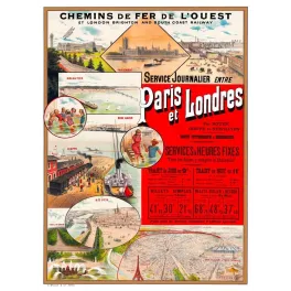 Affiche ancienne Paris Londres Chemins de Fer de l'Ouest Dieppe – Voyage vintage XIXe