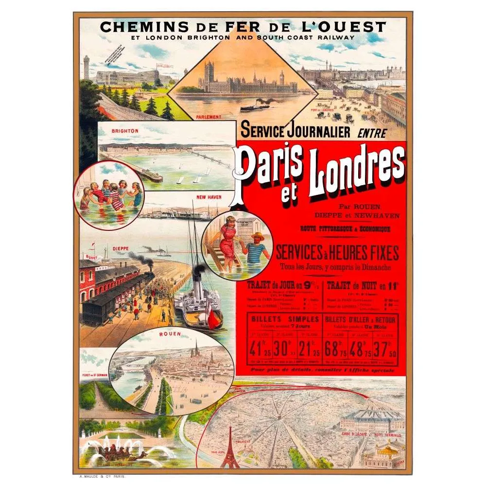 Affiche ancienne Paris Londres Chemins de Fer de l'Ouest Dieppe – Voyage vintage XIXe