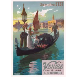 Affiche ancienne Paris Venise Chemin de Fer de l'Est signé J. Hugo d'Alési – Publicité de voyage vintage XIXe