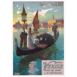 Affiche ancienne Paris Venise Chemin de Fer de l'Est signé J. Hugo d'Alési – Publicité de voyage vintage XIXe