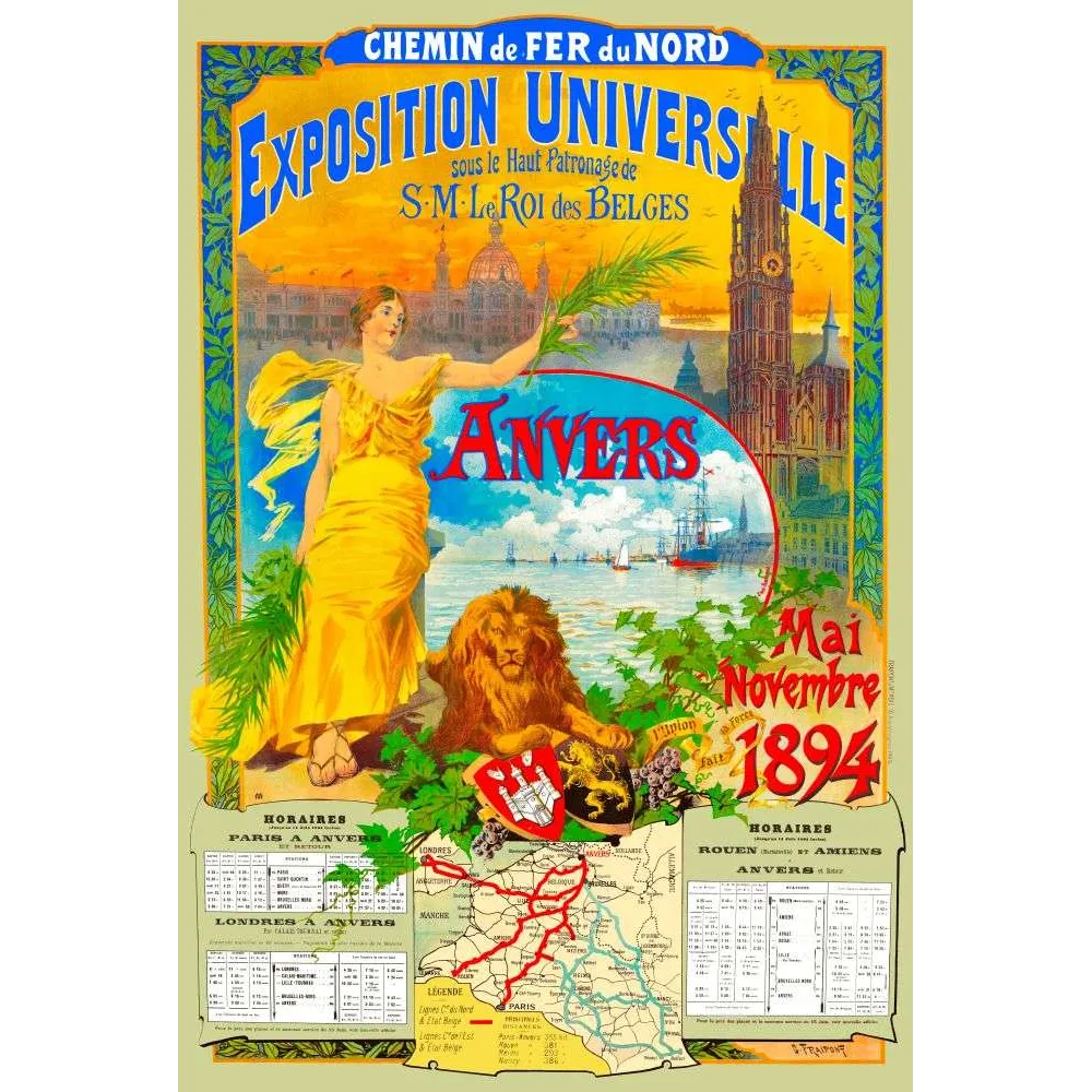 Affiche ancienne Chemin de Fer du Nord Anvers 1894 – Fraipont Exposition Universelle Affiche ancienne Chemin de Fer du Nord Anvers 1894 – Fraipont Exposition Universelle