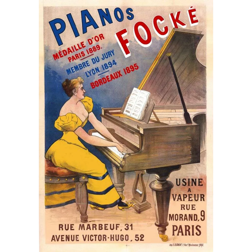Affiche ancienne Pianos Focké Paris 1889 médaille d'or – Publicité musique