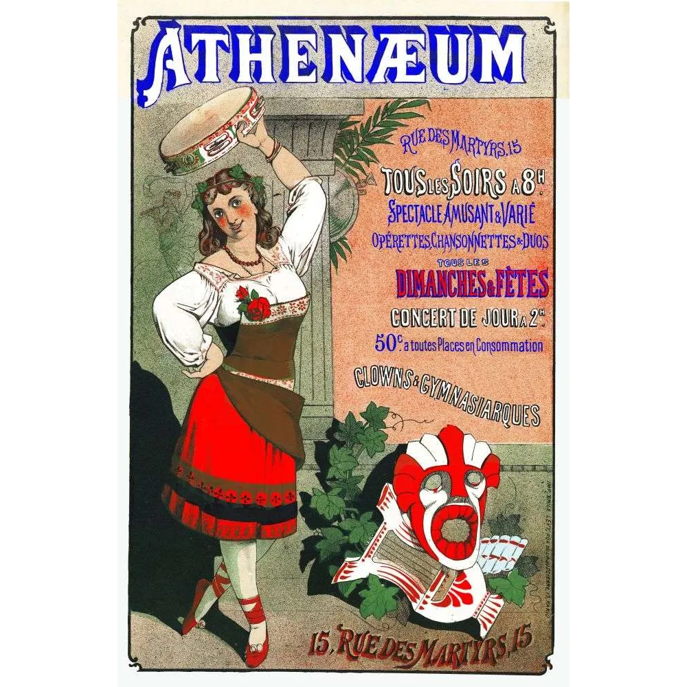 Affiche ancienne Athénæum café-concert Paris rue des Martyrs – Music-hall XIXe siècle Affiche ancienne Athénæum café-concert Paris rue des Martyrs – Music-hall XIXe siècle