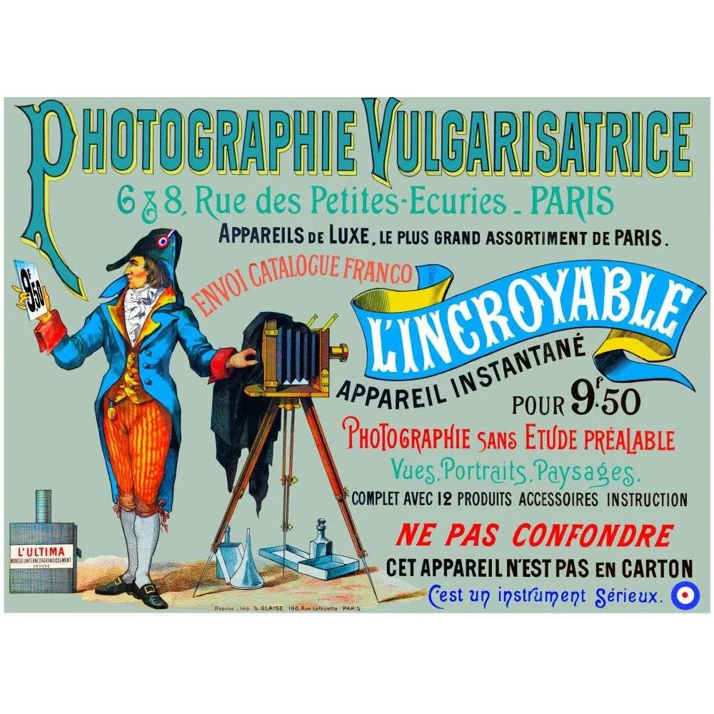 Affiche ancienne appareil photo L'Incroyable Paris – Publicité photographie vintage XIXe