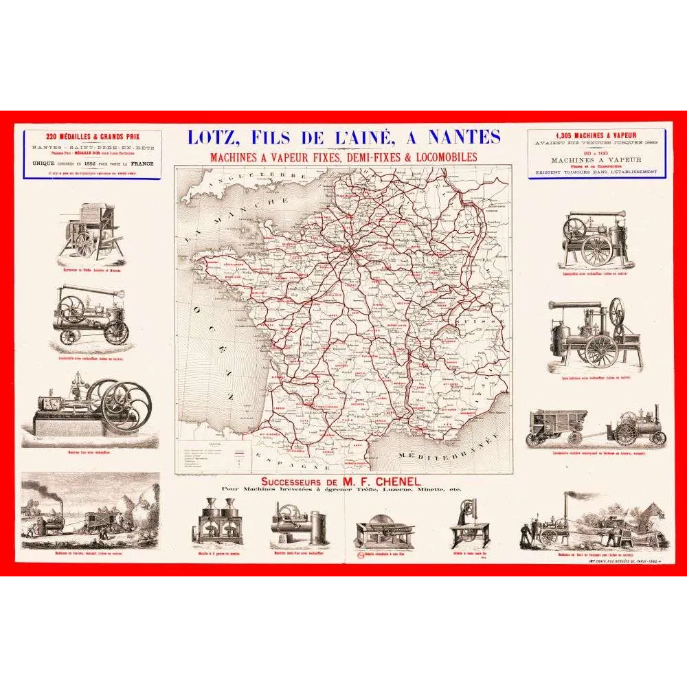 Fac-similé de document ancien machines à vapeur Lotz Nantes 1882 – Industrie française vintage