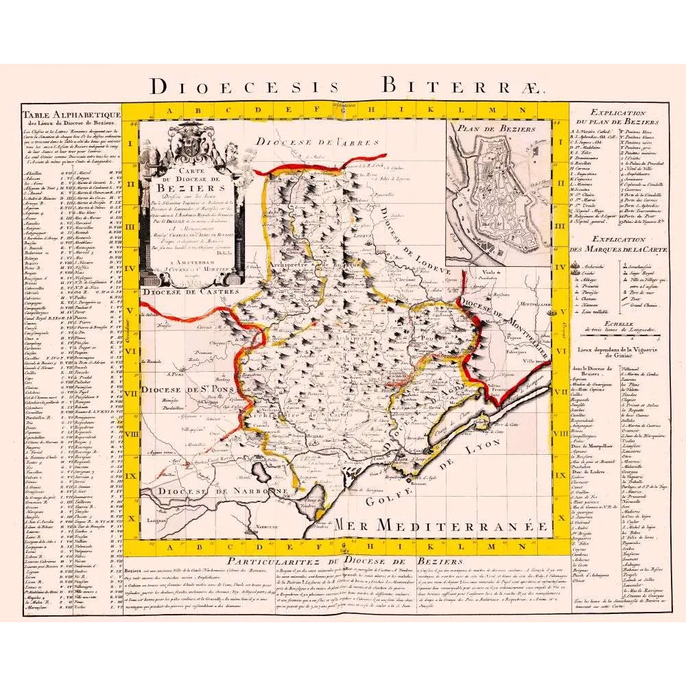 Fac-similé de carte ancienne Diocèse de Béziers XVIIIe siècle – Dioecesis Biterrae