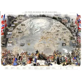Carte du monde illustrée 1876 – Le Tour du Monde Monde En Un Clin d'ŒIL – Art mural vintage