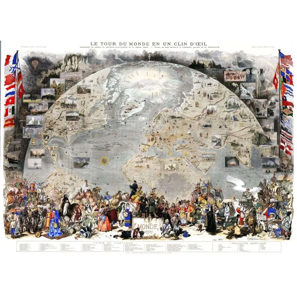 Carte du monde illustrée 1876 – Le Tour du Monde Monde En Un Clin d'ŒIL – Art mural vintage Carte du monde illustrée 1876 – Le Tour du Monde Monde En Un Clin d'ŒIL – Art mural vintage