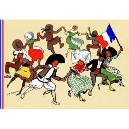 Illustration ancienne de JP Pinchon – Ronde costumes régionaux France drapeau tricolore