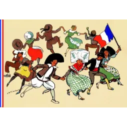 Illustration ancienne de JP Pinchon – Ronde costumes régionaux France drapeau tricolore