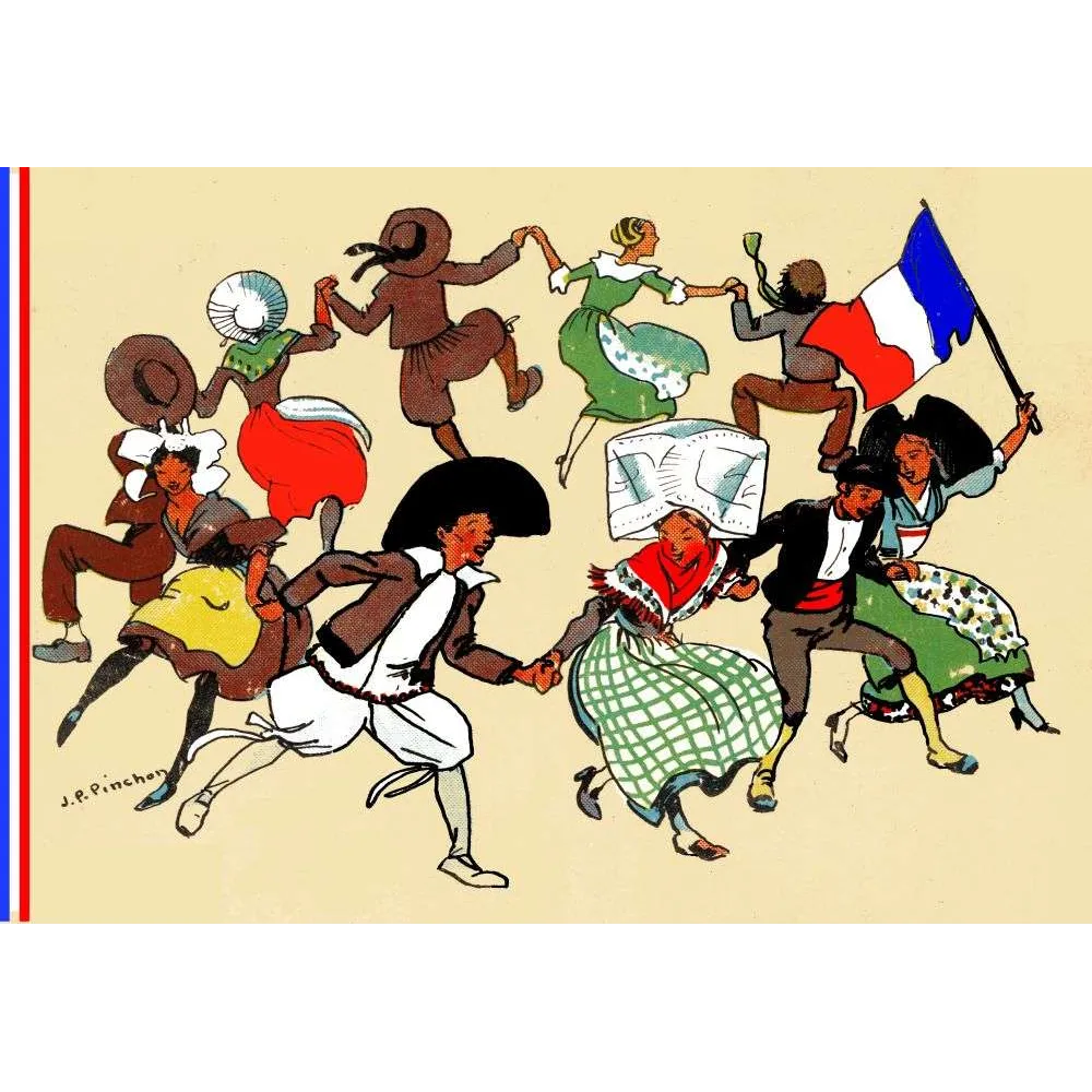 Illustration ancienne de JP Pinchon – Ronde costumes régionaux France drapeau tricolore Illustration ancienne de JP Pinchon – Ronde costumes régionaux France drapeau tricolore