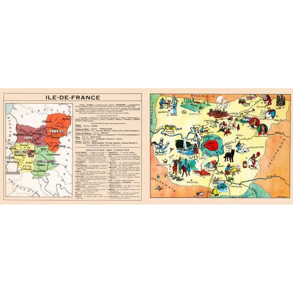 Carte illustrée ancienne Île-de-France – Atlas éducatif début XXe siècle Carte illustrée ancienne Île-de-France – Atlas éducatif début XXe siècle