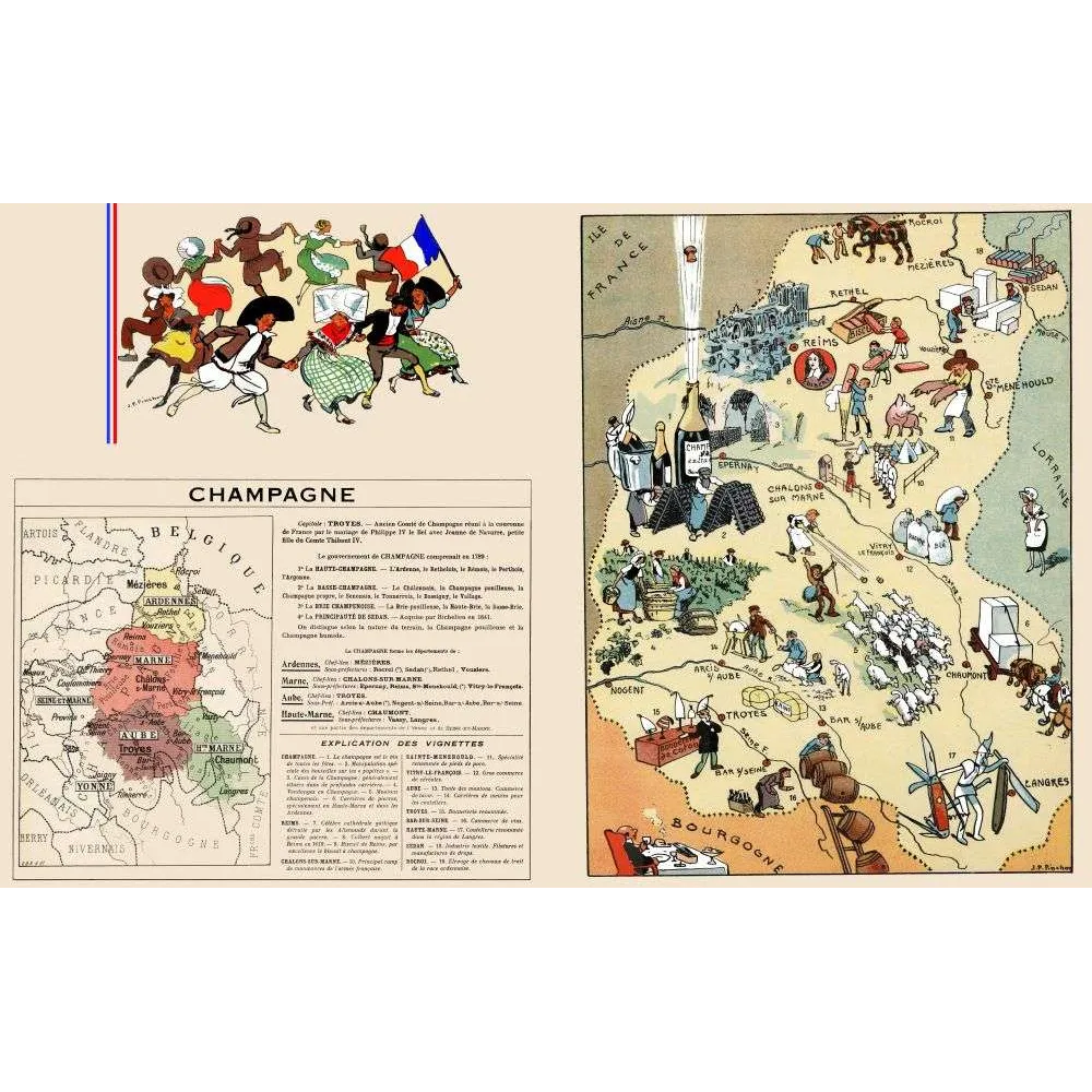 Carte illustrée ancienne de la Champagne – Début XXe siècle – Art mural Carte illustrée ancienne de la Champagne – Début XXe siècle – Art mural