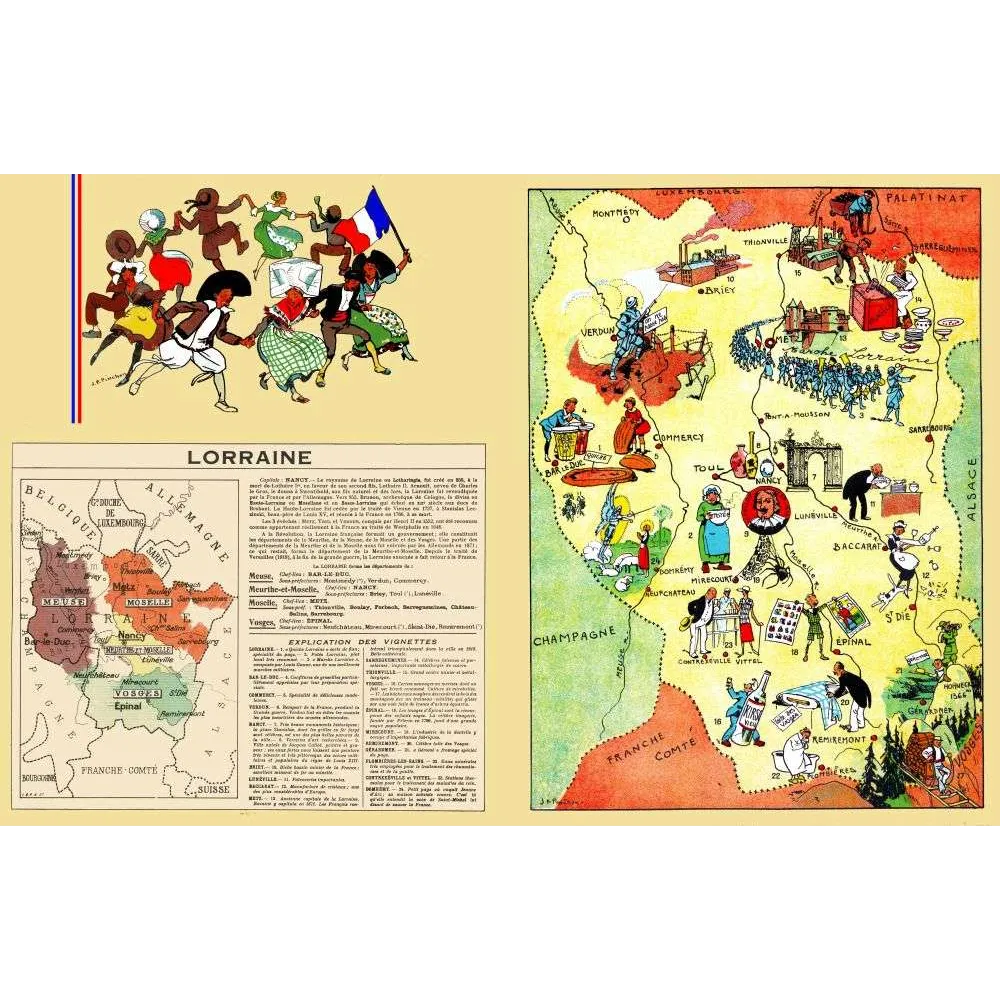 Lorraine – Carte illustrée J.P. Pinchon Nancy Baccarat Épinal Verdun Vosges Lorraine – Carte illustrée J.P. Pinchon Nancy Baccarat Épinal Verdun Vosges