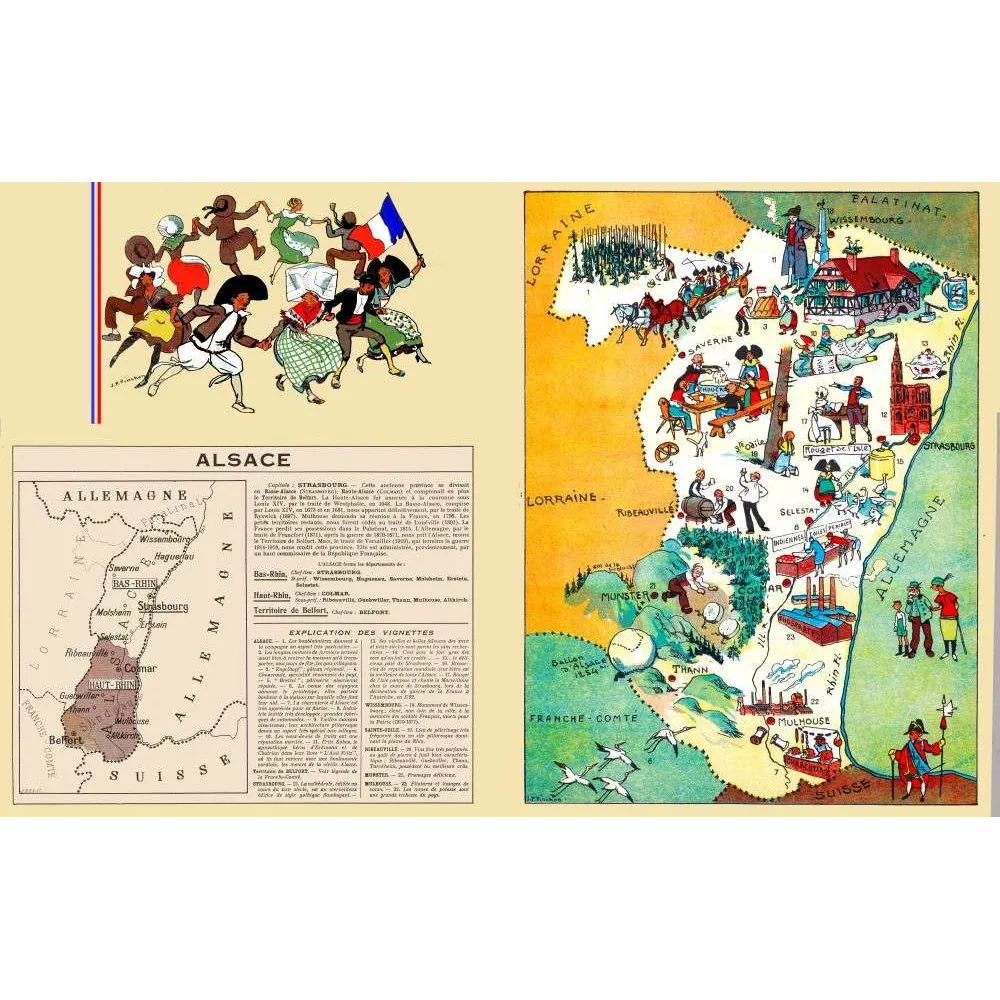 Alsace – Carte illustrée J.P. Pinchon cigognes bière vignobles Strasbourg Mulhouse Alsace – Carte illustrée J.P. Pinchon cigognes bière vignobles Strasbourg Mulhouse