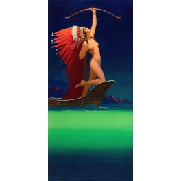 Illustration Femme amérindienne tirant à l'arc sur une pirogue