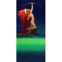 Illustration Femme amérindienne tirant à l'arc sur une pirogue