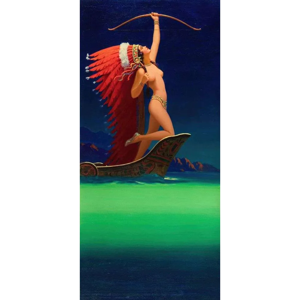 Illustration Femme amérindienne tirant à l'arc sur une pirogue