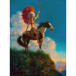 Illustration Femme amérindienne à cheval avec une lance