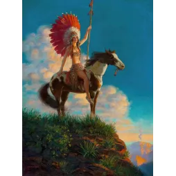 Illustration Femme amérindienne à cheval avec une lance