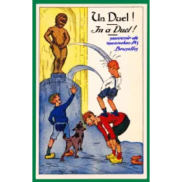 Carte postale Un Duel Manneken-Pis Bruxelles humoristique bilingue début XXe siècle