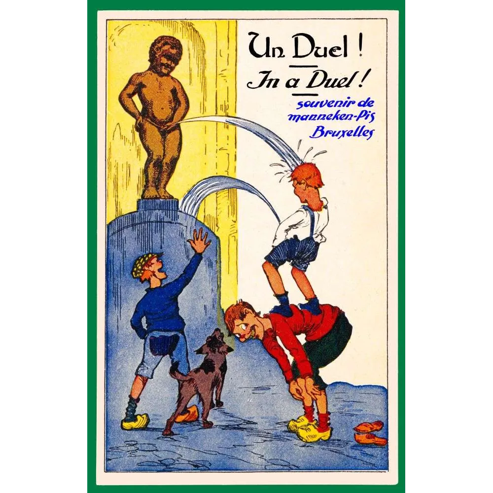 Carte postale Un Duel Manneken-Pis Bruxelles humoristique bilingue début XXe siècle Carte postale Un Duel Manneken-Pis Bruxelles humoristique bilingue début XXe siècle