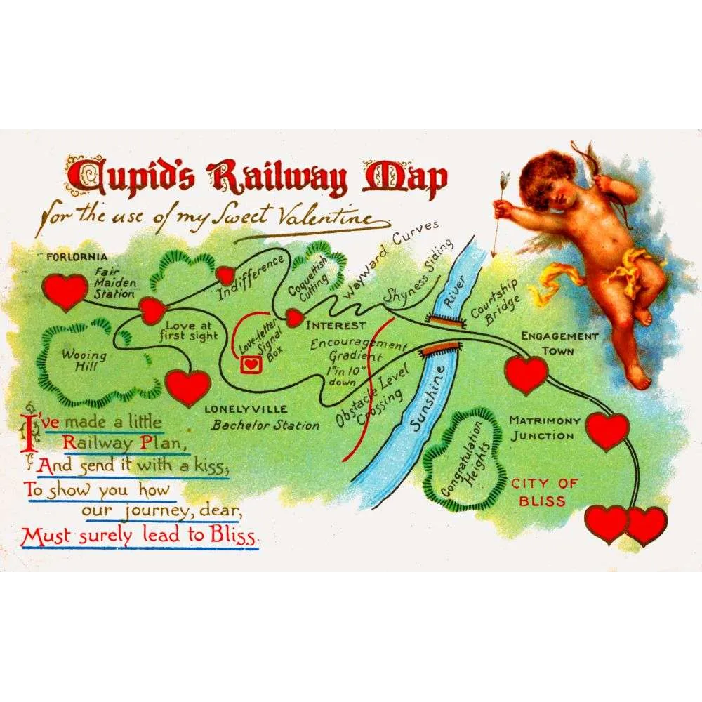 Cupid's Railway Map – Carte Saint-Valentin humoristique carte postale début XXe siècle Cupid's Railway Map – Carte Saint-Valentin humoristique carte postale début XXe siècle
