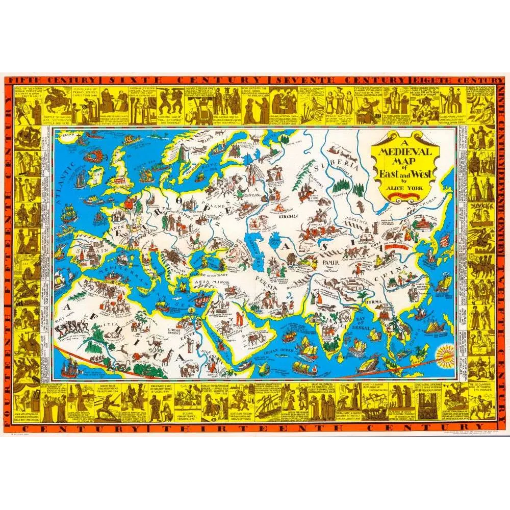 Carte médiévale illustrée Europe Asie Afrique ancienne Carte médiévale illustrée Europe Asie Afrique ancienne