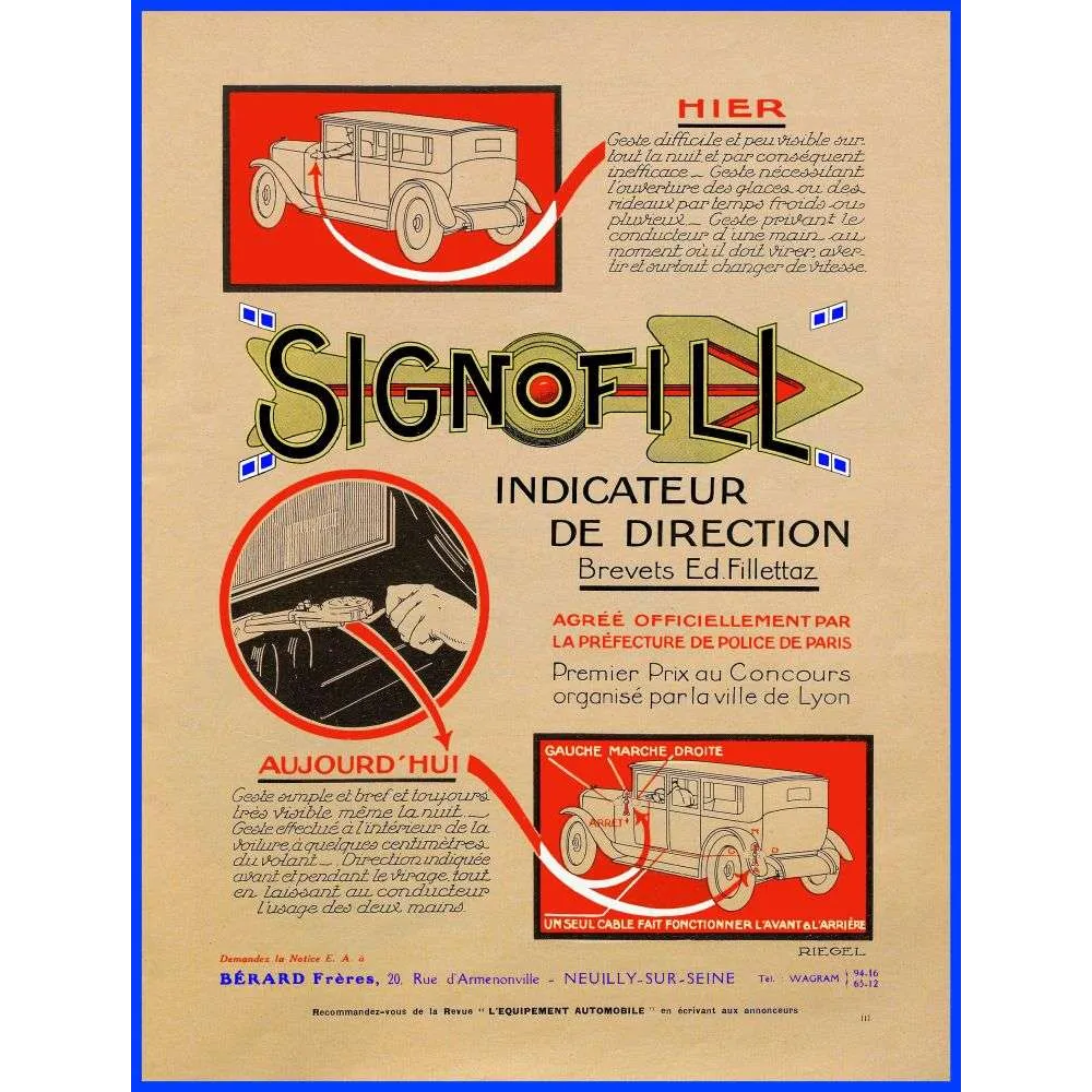 Publicité Signofill indicateur direction automobile Bérard Neuilly-sur-Seine de XXè siècme Publicité Signofill indicateur direction automobile Bérard Neuilly-sur-Seine de XXè siècme