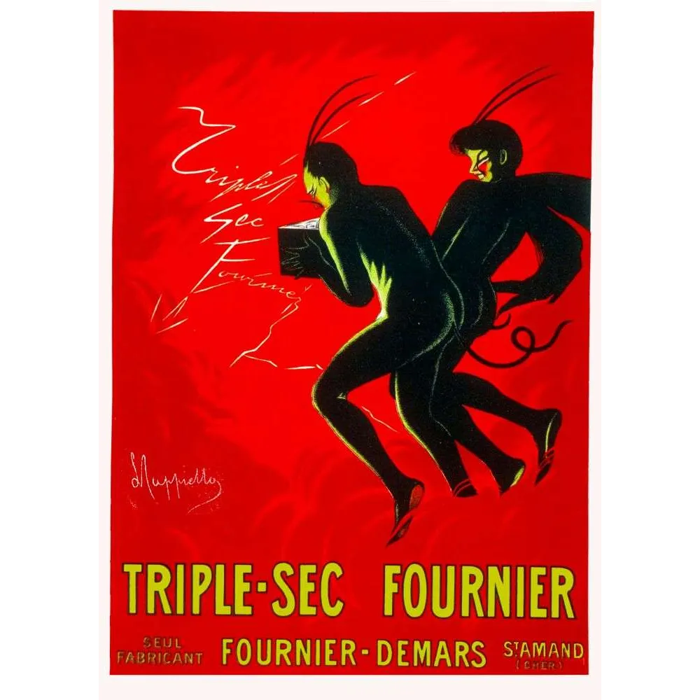 Affiche Triple-Sec Fournier – Muppiello diablotins fond rouge Saint-Amand début XXe Affiche Triple-Sec Fournier – Muppiello diablotins fond rouge Saint-Amand début XXe