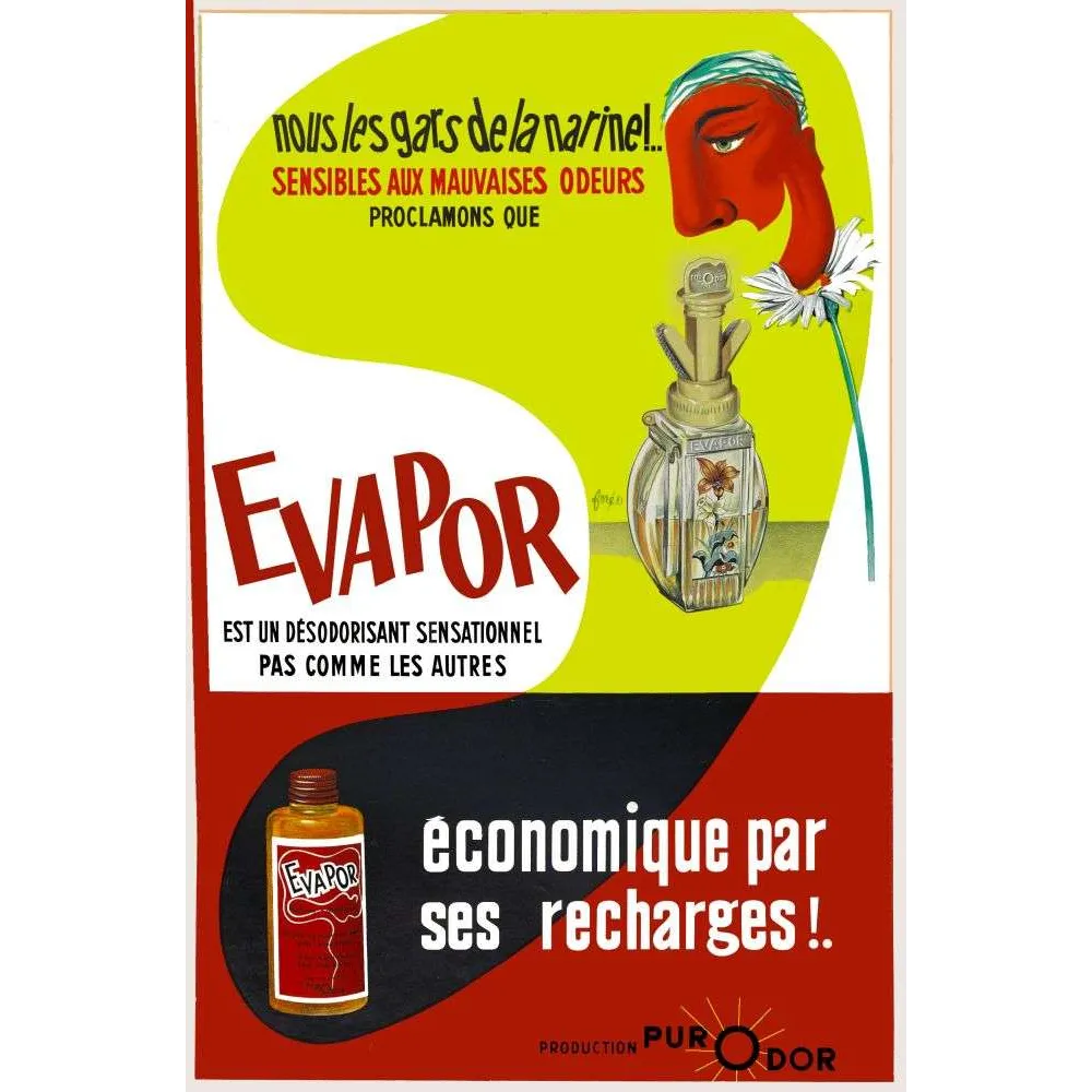 Affiche publicitaire Evapor – Désodorisant Pur-O-Dor, économique par ses recharges Affiche publicitaire Evapor – Désodorisant Pur-O-Dor, économique par ses recharges